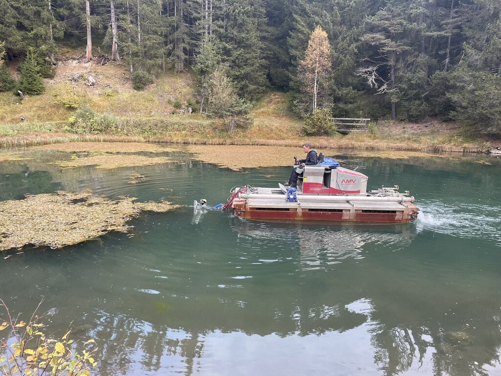 Saugbagger saugt Schlamm aus Weiher